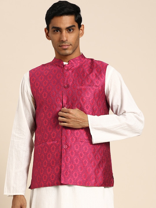 Anouk - Men Red & Purple Ethnic Motif Woven Design Nehru Jacket