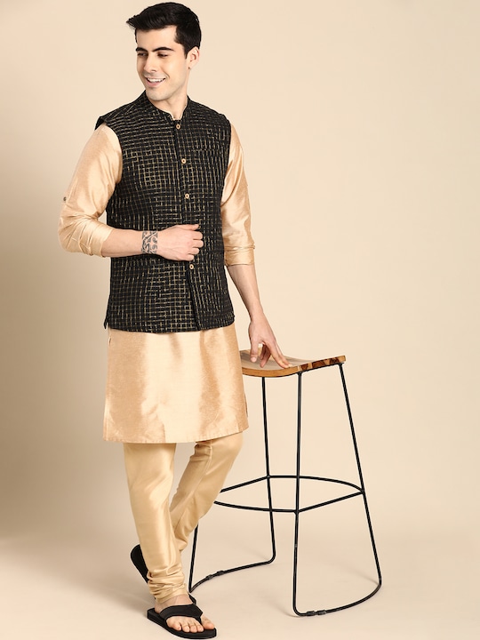 Anouk - Men Black & Gold-Toned Checked Pure Cotton Nehru Jacket