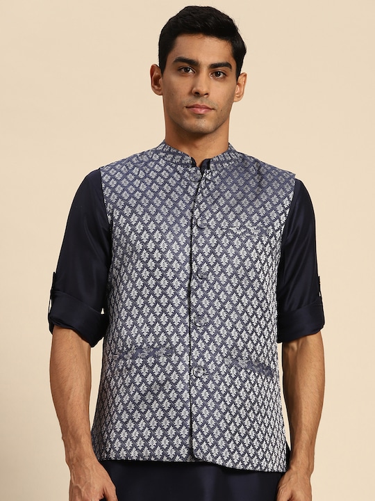 Anouk - Men Navy Blue & Silver Toned Floral Woven Design Nehru Jacket