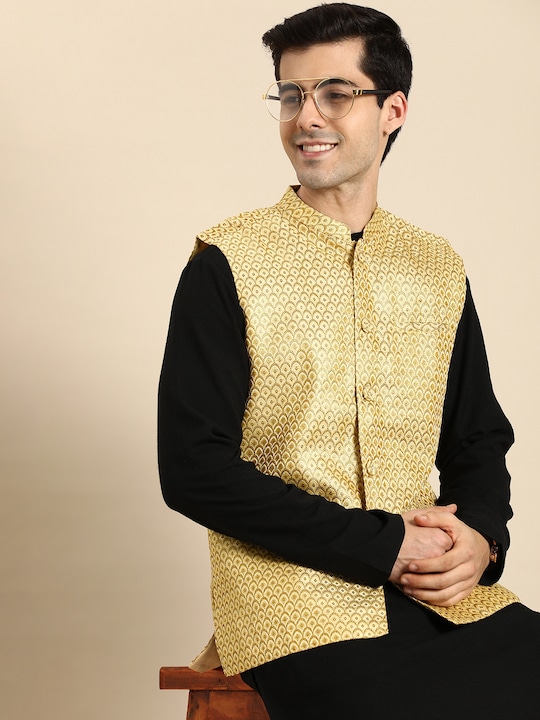 Anouk - Men Cream-Coloured & Golden Woven Design Nehru Jacket