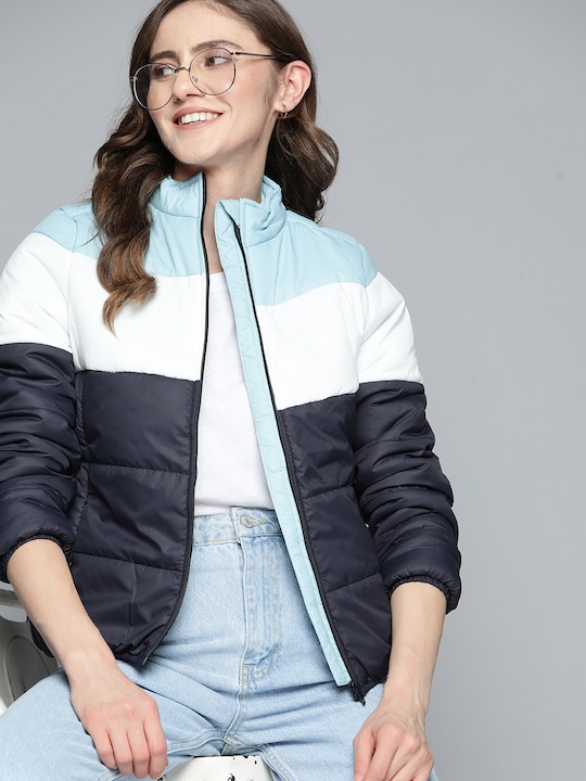 Mast & Harbour - Women Blue & White Colourblocked Padded Jacket