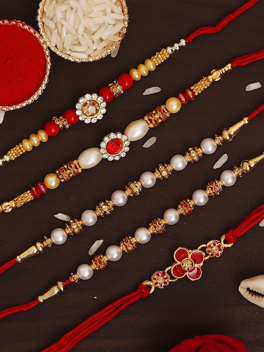 eCraftIndia - Set of 5 Red & Gold-Toned Pearl Designer Rakhi with Roli Chawal Pack