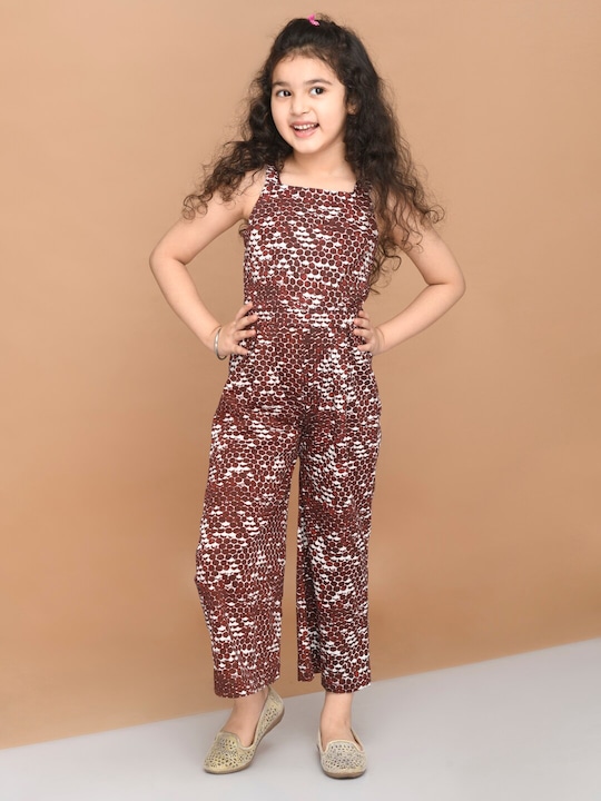 LilPicks - Girls Brown & White Printed Basic Jumpsuit