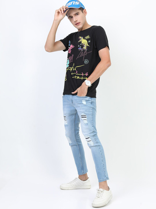 KETCH - Men Black Biker Printed Raw Edge Slim Fit T-shirt
