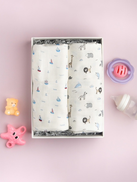 MUSH - Infants Set Of 2 White Printed Bamboo Baby Swaddle & Wrapper