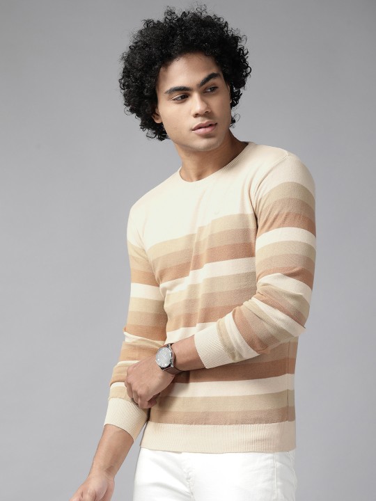 Blackberrys - Men Beige & Brown Striped Pure Cotton Pullover