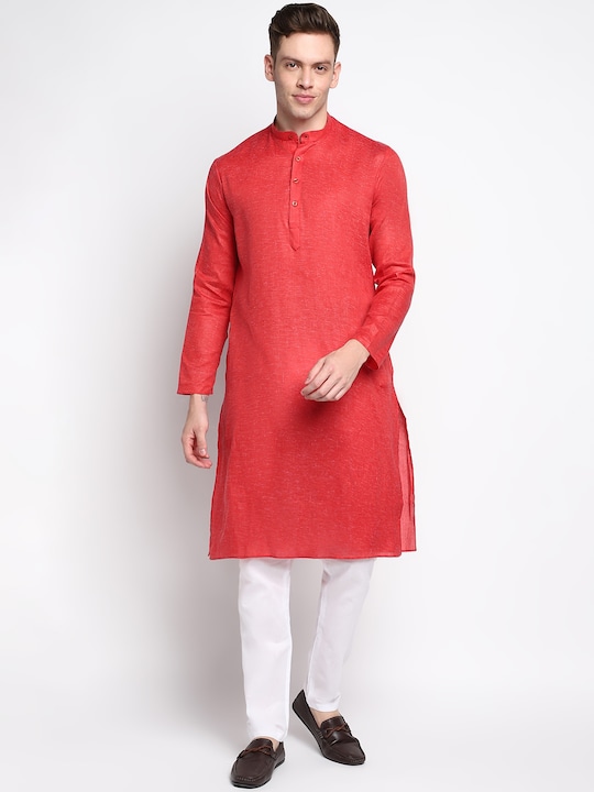 DEVOILER - Men Red Solid Cotton Kurta