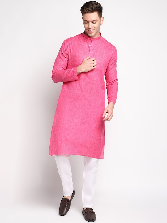 DEVOILER - Men Pink Solid Cotton Kurta