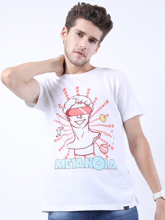 KETCH - Men White Printed Slim Fit Cotton T-shirt