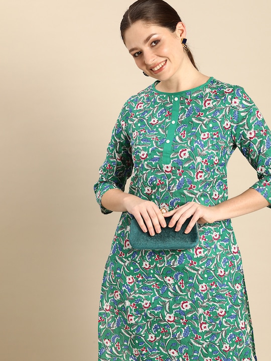 Anouk - Women Green Floral Printed Pure Cotton Straight Kurta