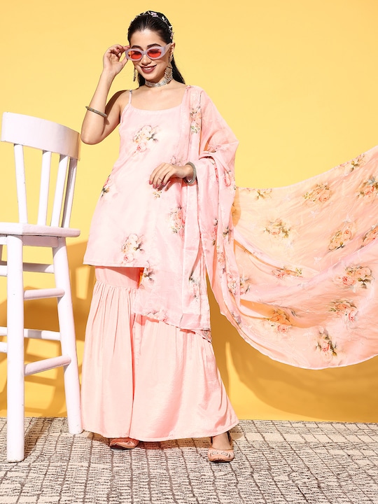 Libas - Women Peach Organza Spaghetti Straps Kurti Set