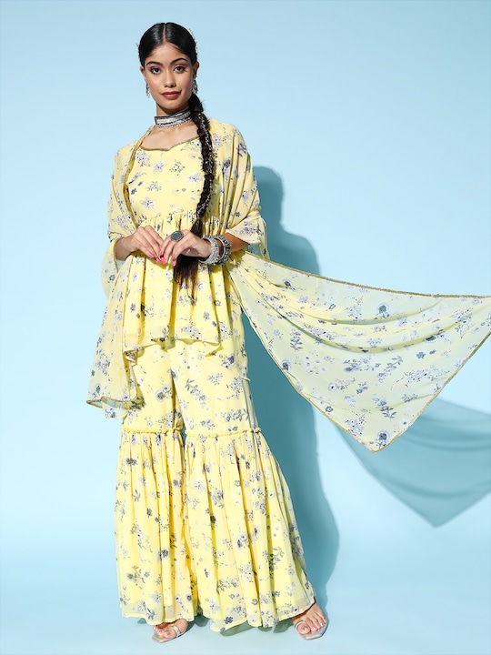 Libas - Women Yellow Poly Georgette New Neckline Kurta Set