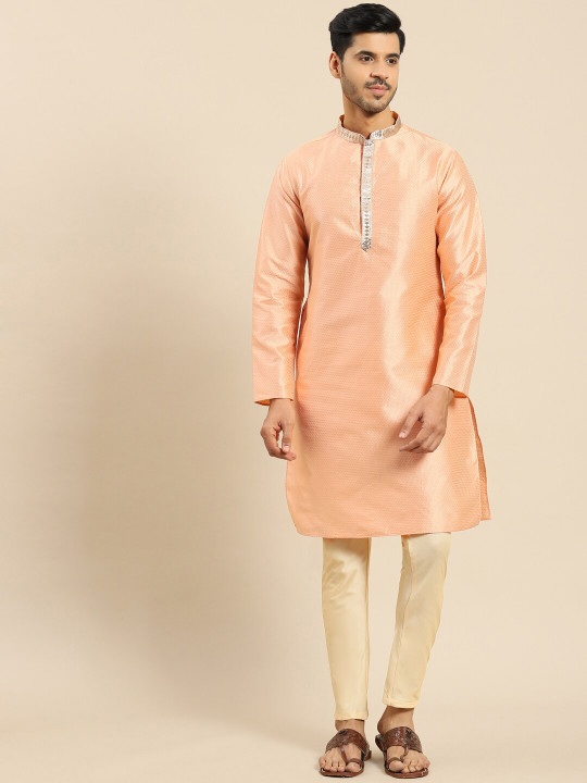 Amodh by Kisah - Men Peach-Coloured Solid Kurta