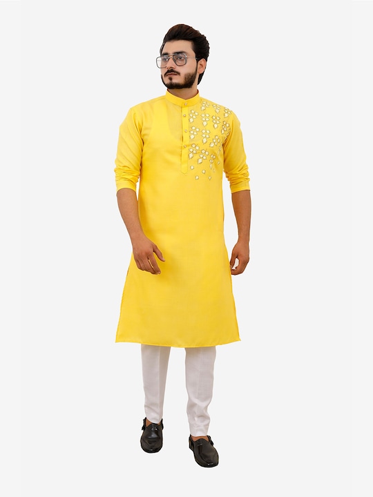 Tibra Collection - Men Yellow Pure Cotton Kurta set  with Churidar