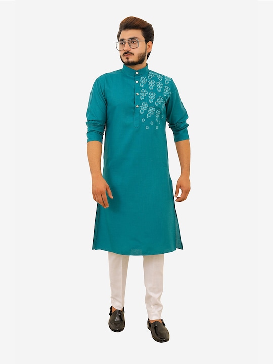 Tibra Collection - Men Green Floral Printed Pure Cotton Kurta with Pyjamas