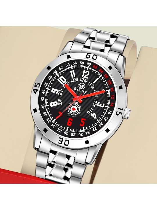 Septem - Men Black Dial & Silver Toned Stainless Steel Bracelet Style Straps Analogue Watch SP-37-Septem