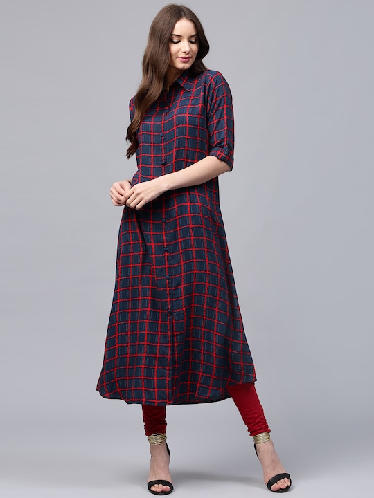 Libas - Women Navy & Red Checked A-Line Kurta