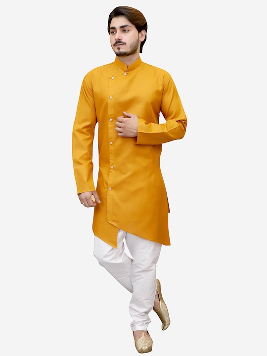 Tibra Collection - Men Mustard Yellow Angrakha Pure Cotton Kurta with Pyjamas