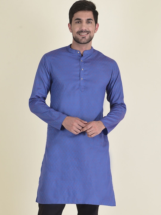DEYANN - Men Blue Geometric Jacquard Kurta