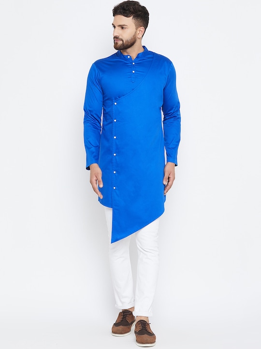 Hypernation - Men Blue Satin Asymmetric Hemline Kurta