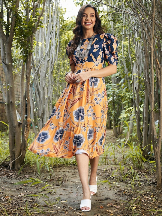 Athena - Mustard Yellow & Blue Floral Crepe Empire Midi Dress