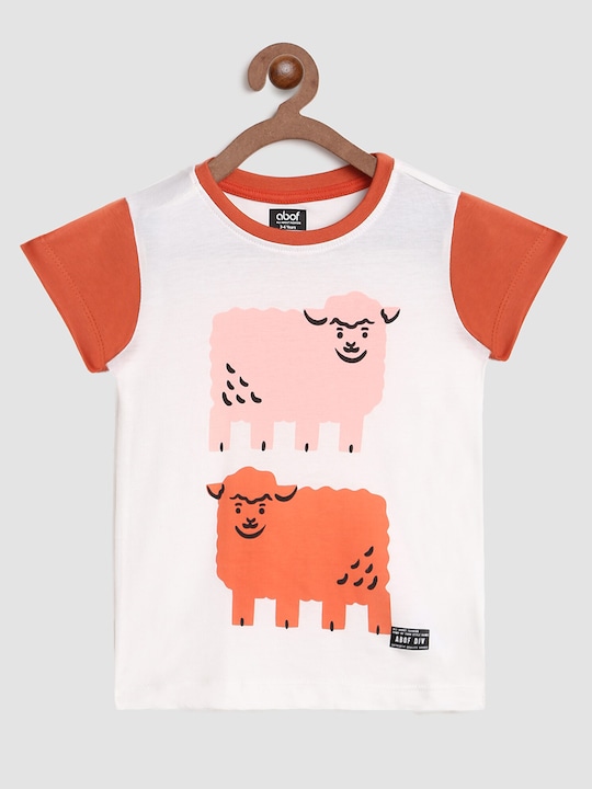 abof - Girls Cream-Coloured & Coral Printed Colourblocked Cotton T-shirt