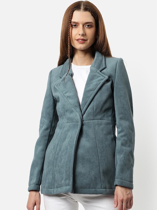 Campus Sutra - Women Teal Green Solid Single Breasted Blazers