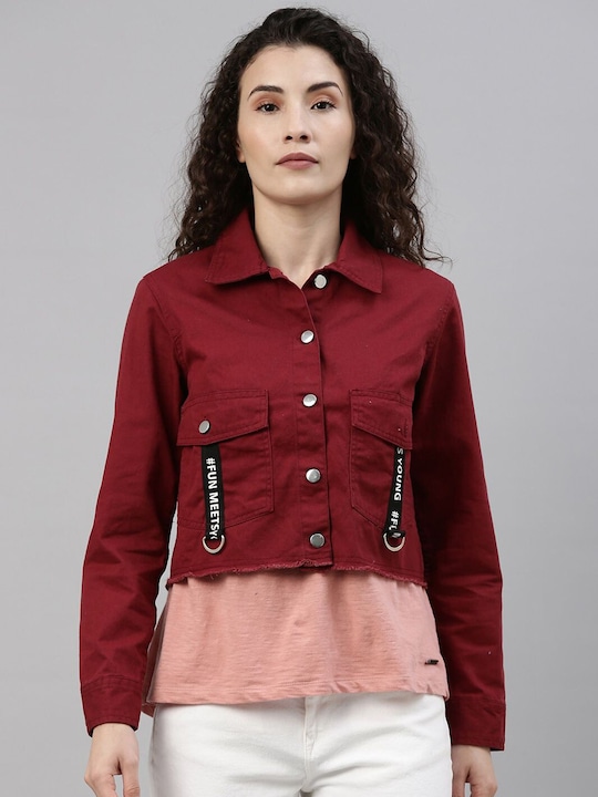 Campus Sutra - Women Maroon Windcheater Outdoor Tailored Jacket
