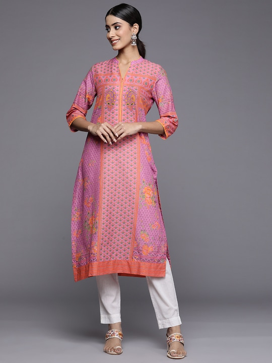 Biba - Women Purple & Orange Pure Cotton Ethnic Motifs Print Straight Kurta