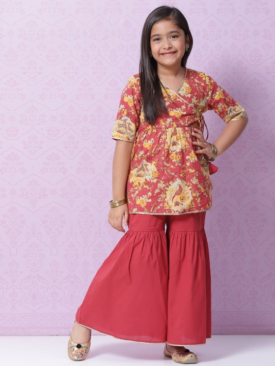 Biba - Girls Red & Yellow Ethnic Motifs Pure Cotton Printed Angrakha Kurta with Sharara