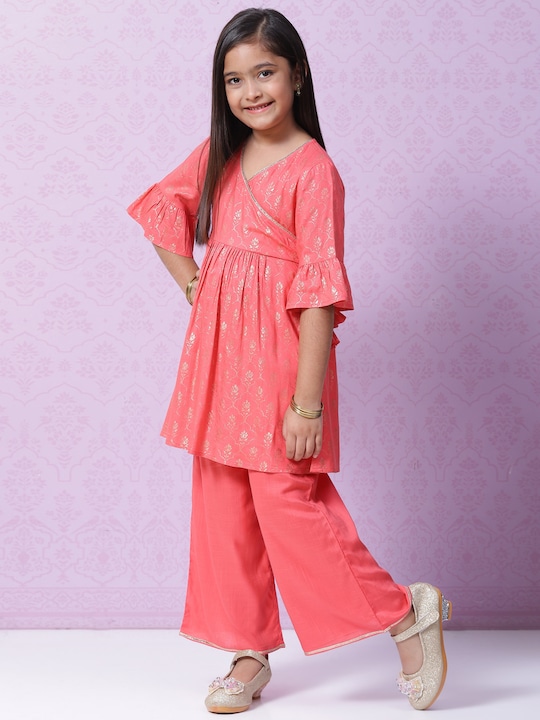 Biba - Girls Peach-Coloured & Gold Ethnic Motifs Printed Angrakha Kurta with Palazzos