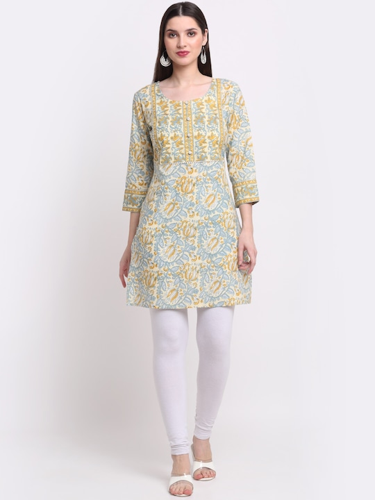 KALINI - Cream-Coloured & Blue Floral Printed Thread Work Pure Cotton Thread Work Kurti