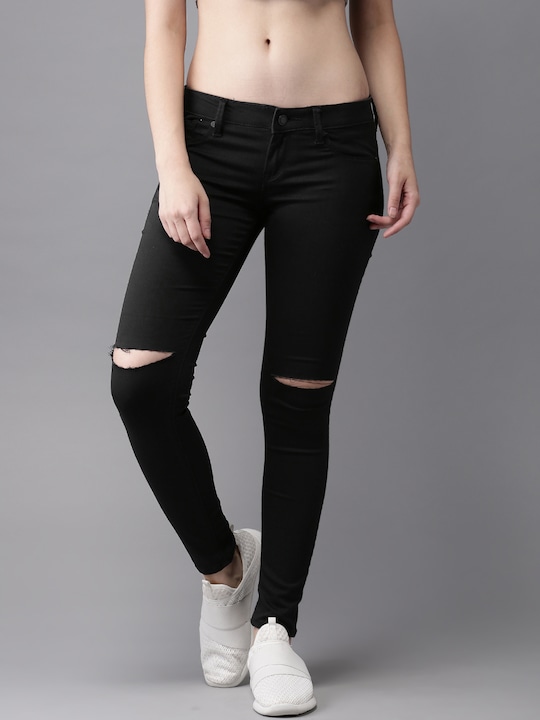 HERE&NOW - Women Black Mid-Rise Skinny Fit Slash Knee Stretchable Jeans