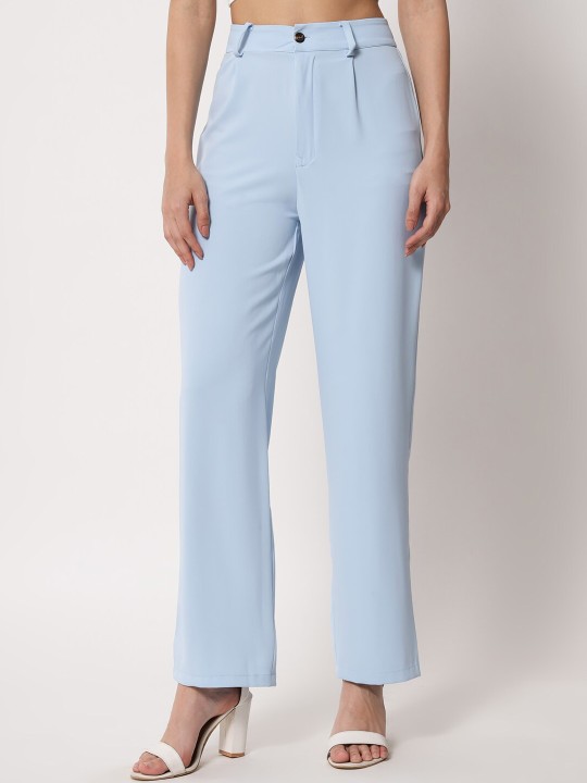 Kotty - Women Blue Relaxed Straight Leg Straight Fit High-Rise Easy Wash Pleated Trousers
