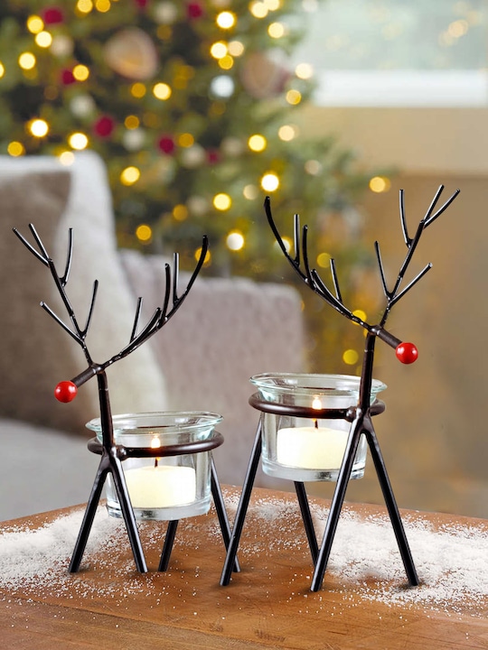 TIED RIBBONS - Set of 2 Black Reindeer Tealight Candle Holders
