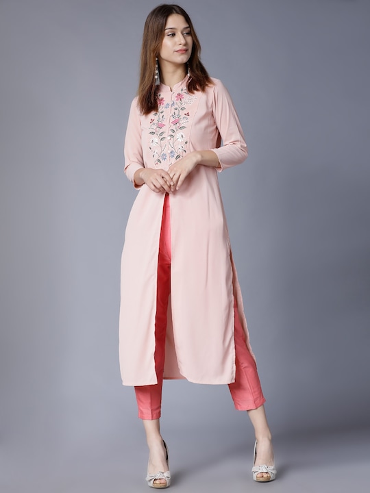 Vishudh - Women Peach-Coloured Embroidered Thread Work Kurta
