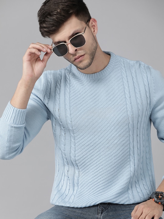 Roadster - Men Blue Cable Knit Pullover