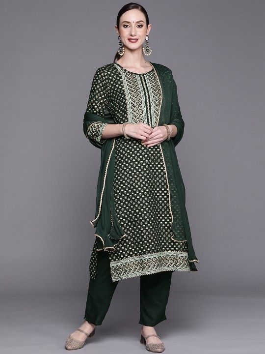 Indo Era - Women Green Ethnic Motifs Printed Gotta Patti Kurta with Trousers & With Dupatta