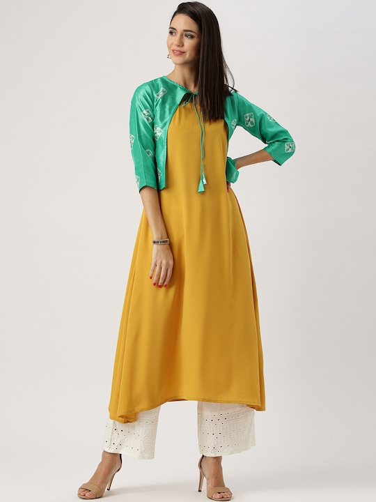 Libas - Women Mustard Yellow & Green Solid A-Line Kurta with Ethnic Jacket