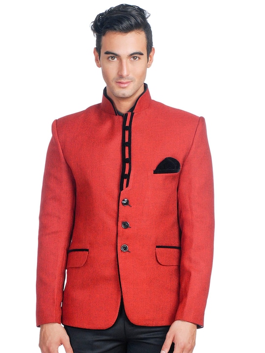 Wintage - Men Red Single-Breasted Tailored Fit Ethnic Bandhgala Blazer