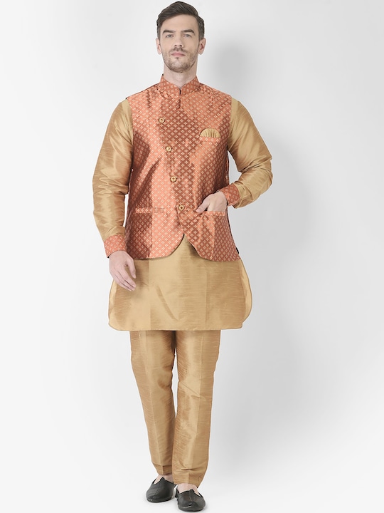 SG RAJASAHAB - Men Orange Angrakha Raw Silk Kurta with Trouser & Nehru jacket