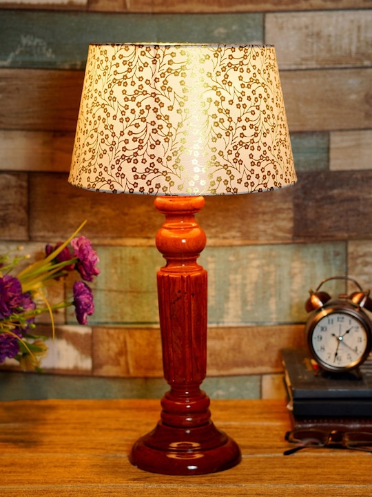 foziq - Brown & Gold-Toned Printed Wooden Table Lamp