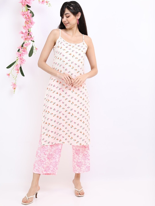 Vishudh - Women Off White Floral Printed Kurta with Palazzos