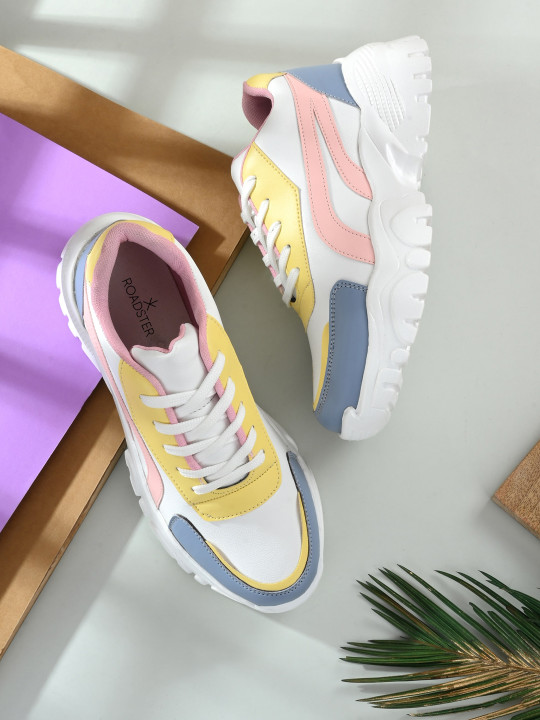Roadster - Women White and Yellow Colourblocked Synthetic Leather Sneakers