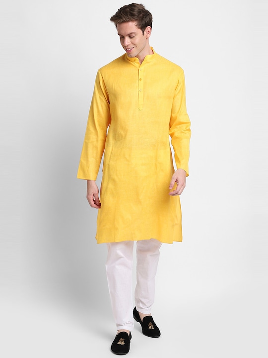DEVOILER - Men Yellow Solid Cotton Straight Kurta