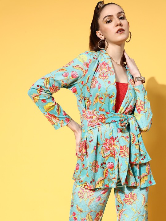 SASSAFRAS - Women Stunning Green Floral Belted Detail Jacket