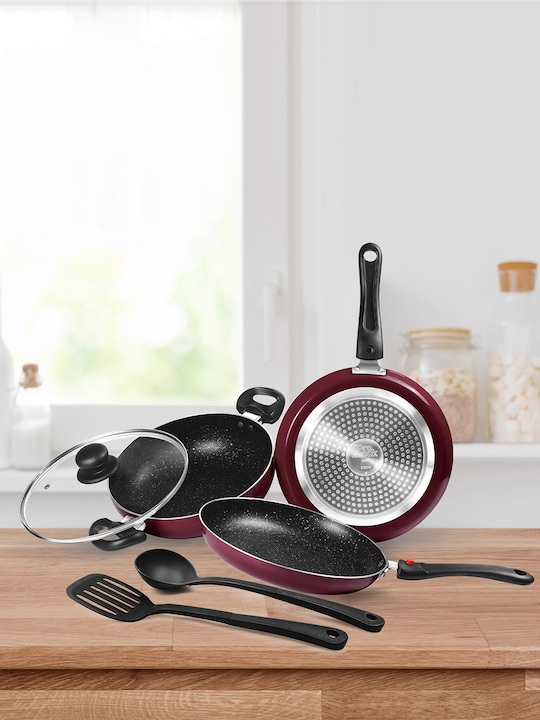 Milton - Pro Cook Peach Colored 5 Pcs Kitchen Jewel Fry Pan Kadhai Tawa Laddle & Spatula