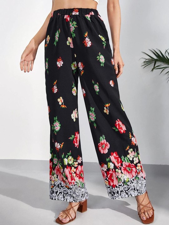 Kotty - Women Multicoloured Floral Printed Relaxed Straight Fit High-Rise Easy Wash Trousers