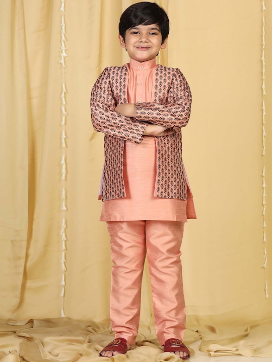 Aj DEZInES - Boys Peach-Coloured Embroidered Kurta Set With Trouser & With Jacket