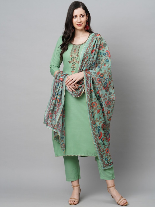 KALINI - Women Green Embroidered Thread Work Kurta with Trousers & Dupatta